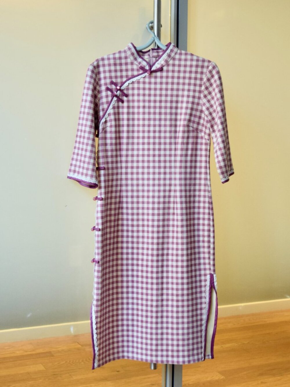 Purple Beige Plaid Faux Suedue Qipao Dress - Chinese Traditional Cheongsam